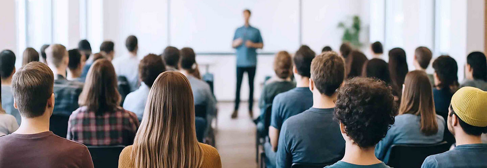 Eine Gruppe von Menschen sitzt in einem modernen Konferenzraum und hört einem Vortrag zu. Der Referent steht im Vordergrund vor einer Leinwand, während die Zuhörer ihm den Rücken zugewandt sind. Die Anordnung der Stühle ist geordnet, und große Fenster lassen viel Tageslicht herein.